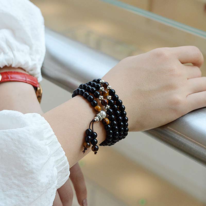 Mala-Armband Damen Unisex Schwarz Obsidian Tigerauge Spiritual