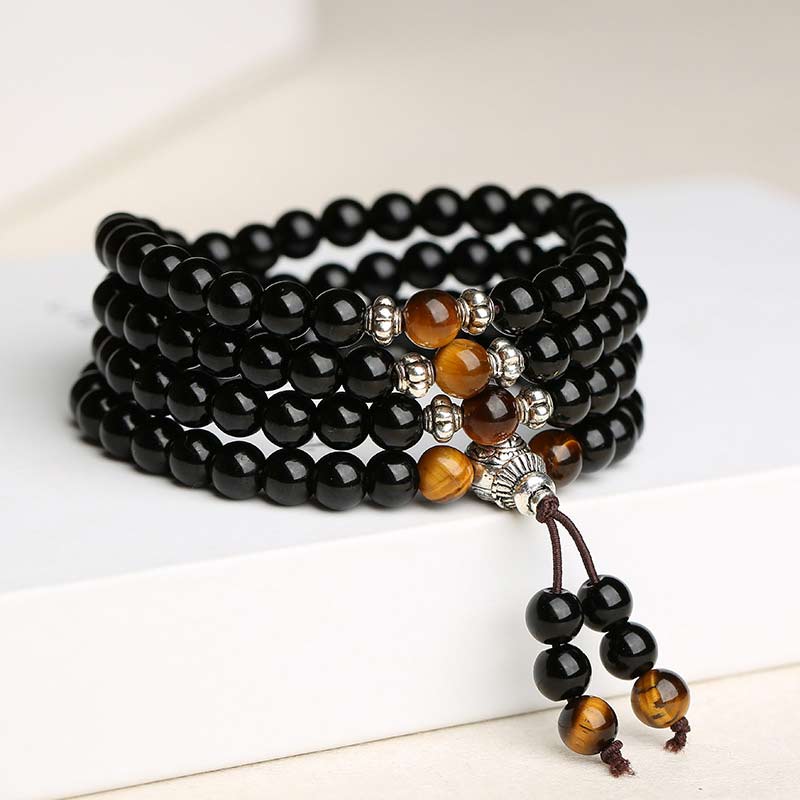 Mala-Armband Damen Unisex Schwarz Obsidian Tigerauge Spiritual