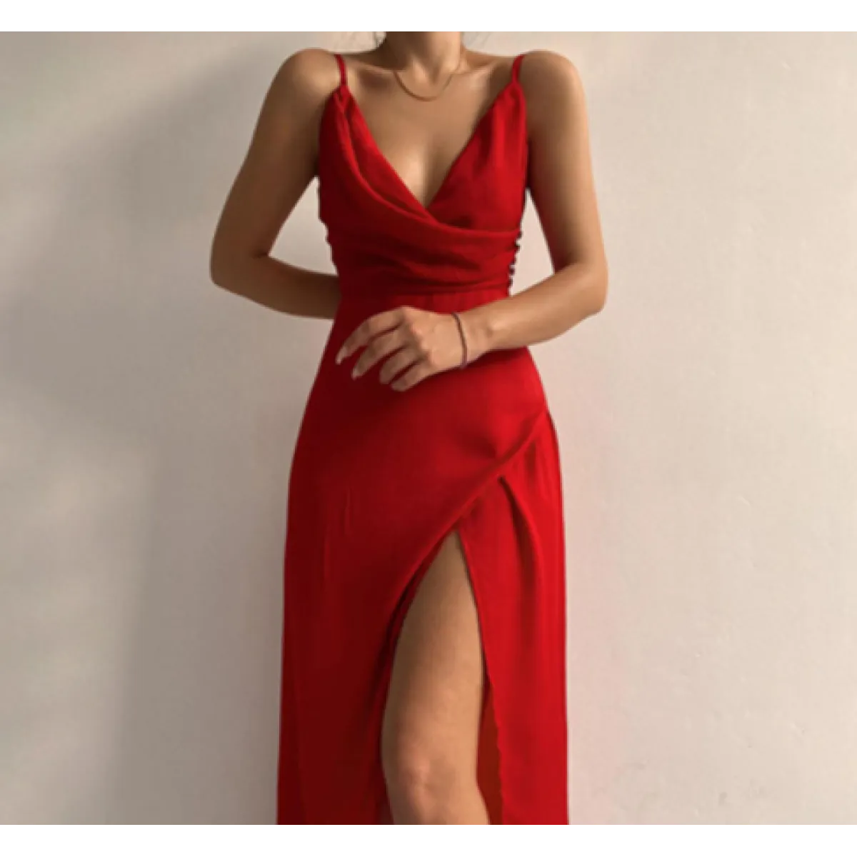 Sommerkleid Damen Slim Fit V-Ausschnitt Spaghettiträger Schlitz