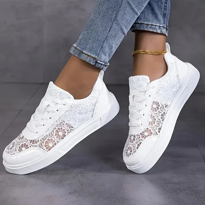 Sneaker Damen Leicht Atmungsaktiv Blumen-Spitzenmuster