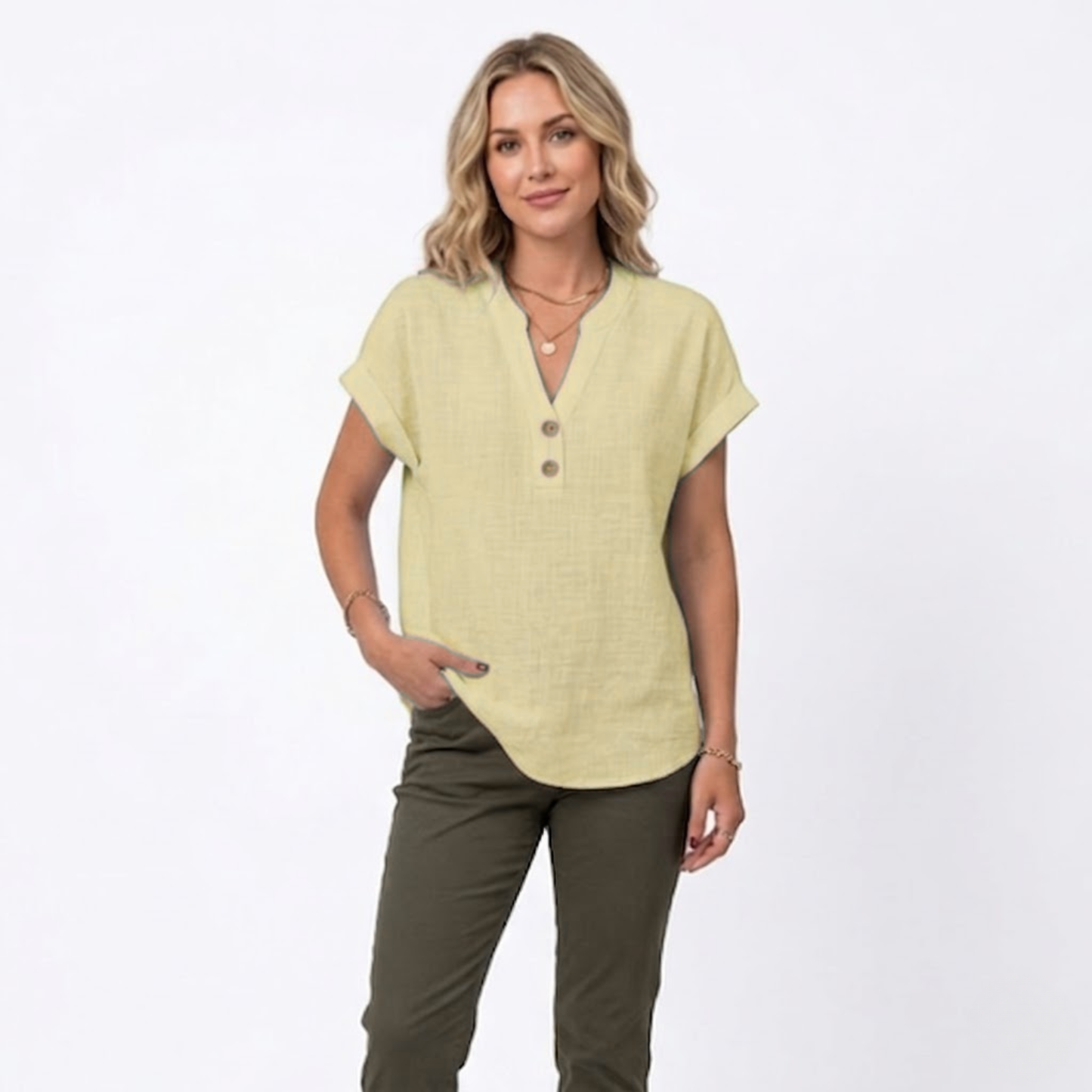 Bluse Damen Locker V-Ausschnitt Kurzarm Casual