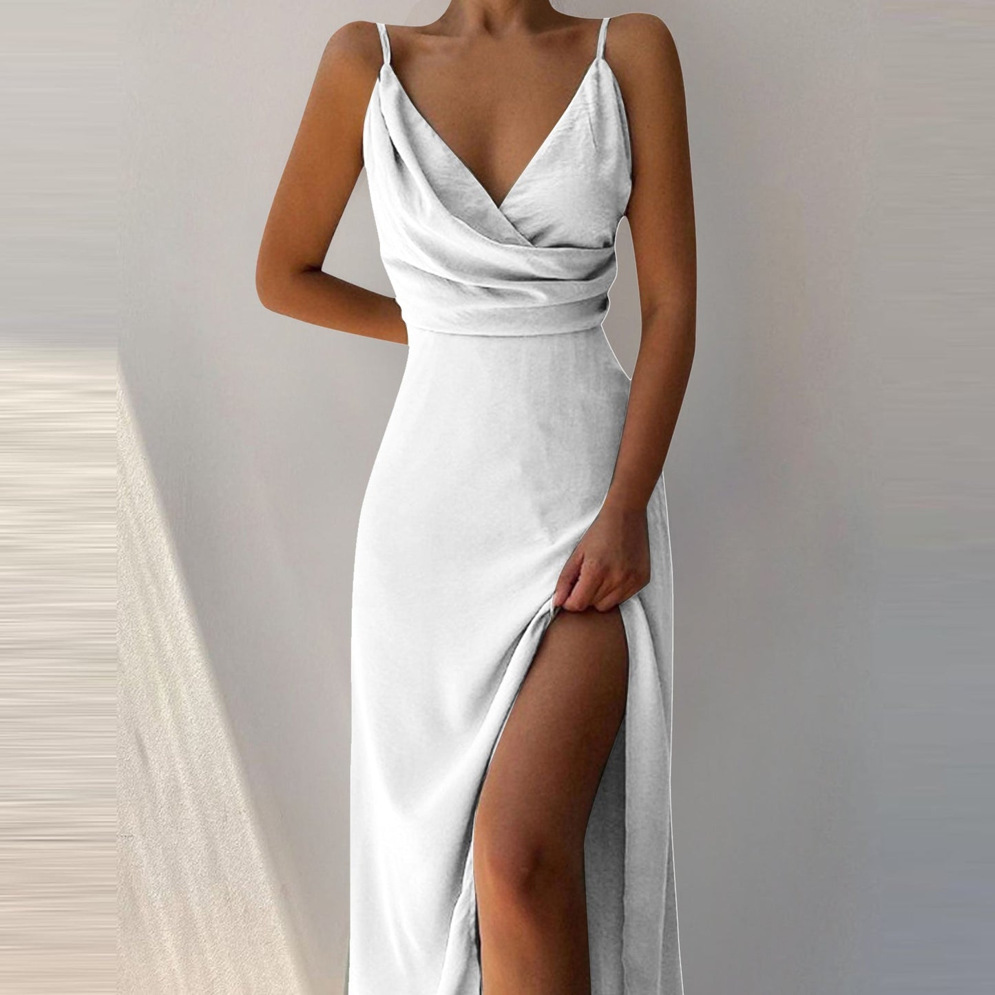 Sommerkleid Damen Slim Fit V-Ausschnitt Spaghettiträger Schlitz