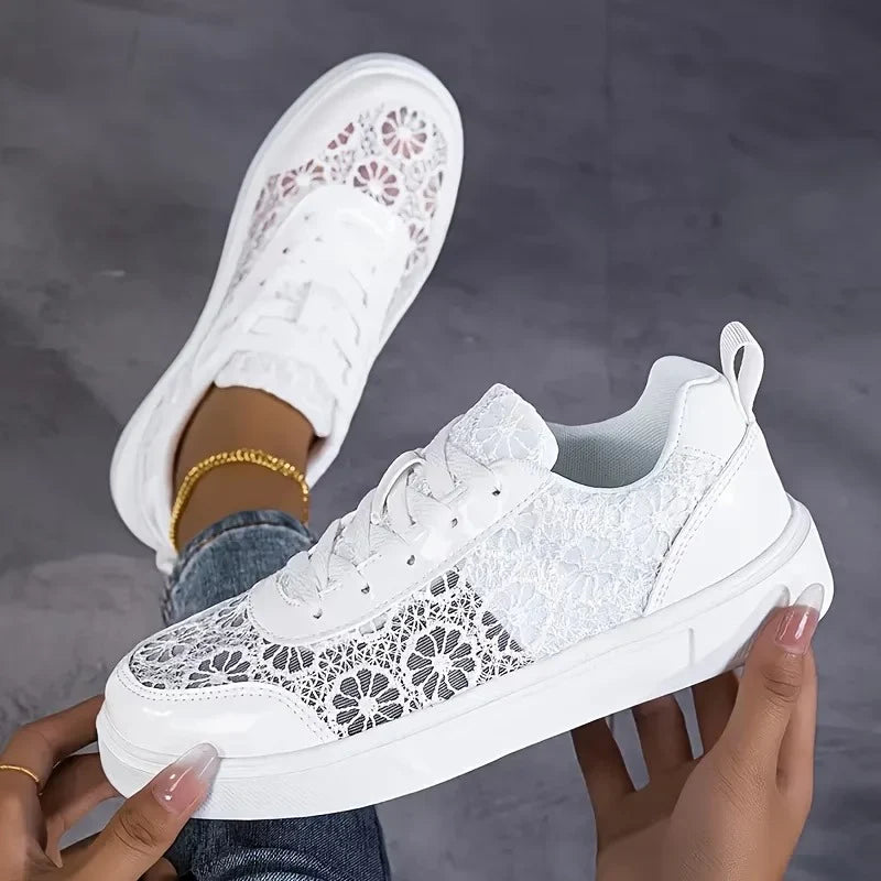 Sneaker Damen Leicht Atmungsaktiv Blumen-Spitzenmuster