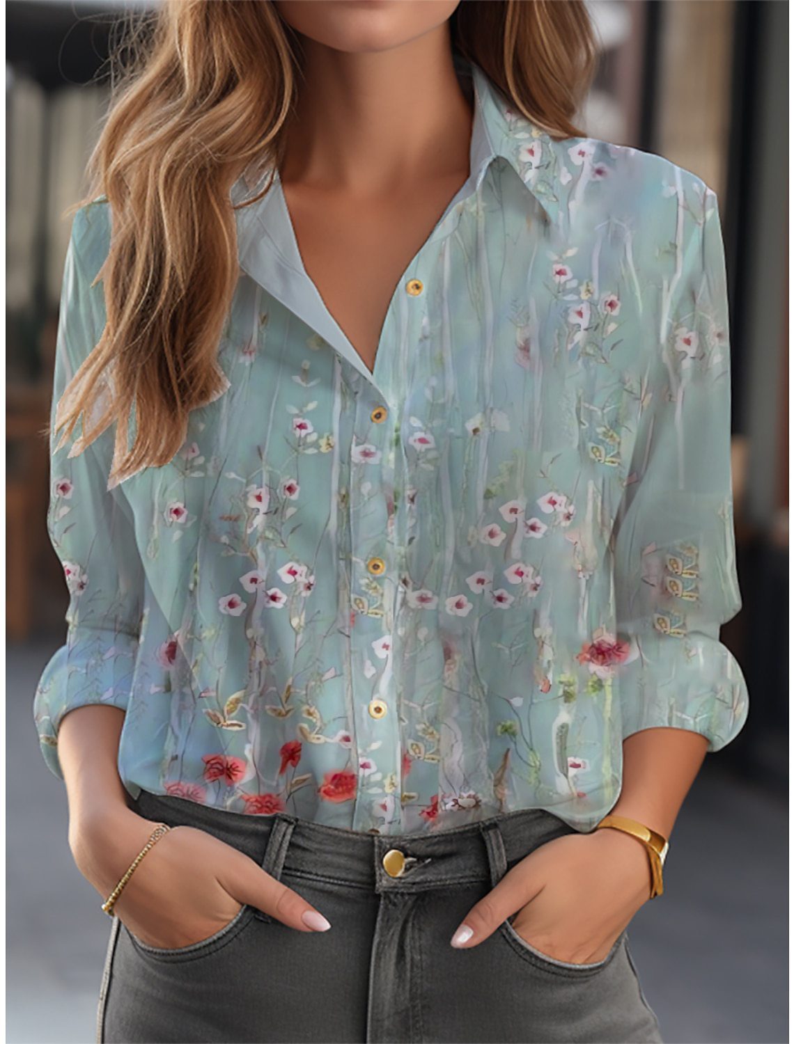 Langarmbluse für Damen mit floralem Muster und V-Ausschnitt, elegant und casual
