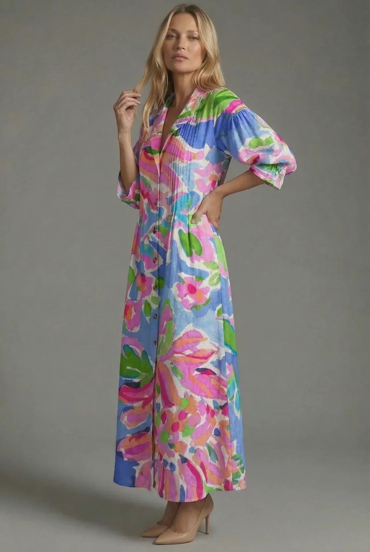 Maxikleid Damen A-Linie Knopf-Front Botanischer Print Sommer