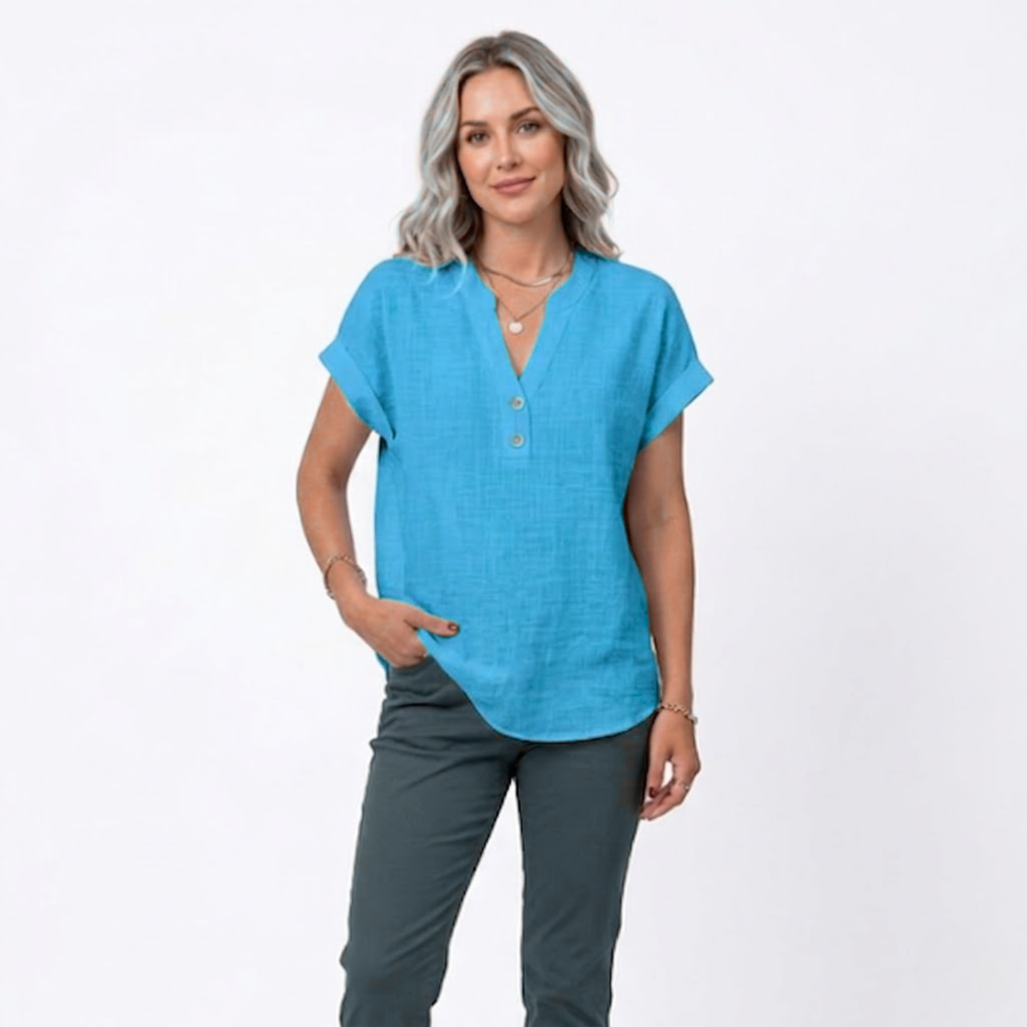 Bluse Damen Locker V-Ausschnitt Kurzarm Casual