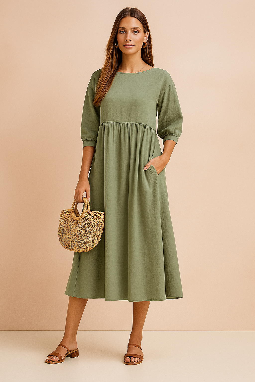 Midi Kleid Damen Elegant 3 4 Ärmel Business & Freizeit