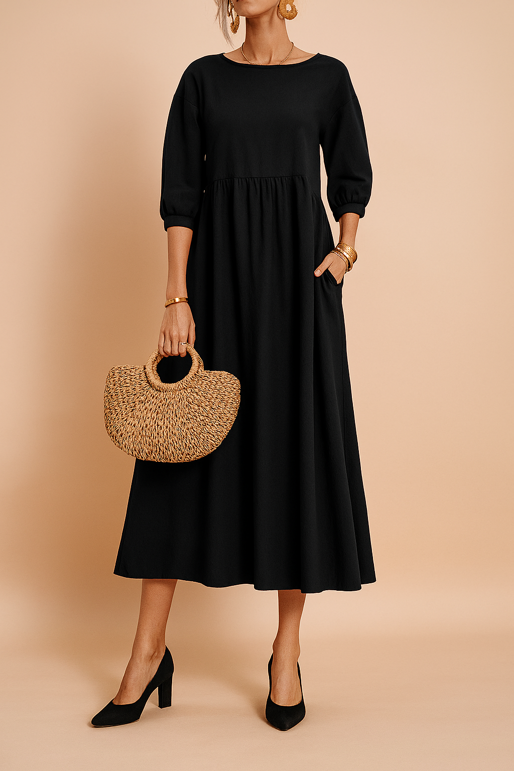 Midi Kleid Damen Elegant 3 4 Ärmel Business & Freizeit