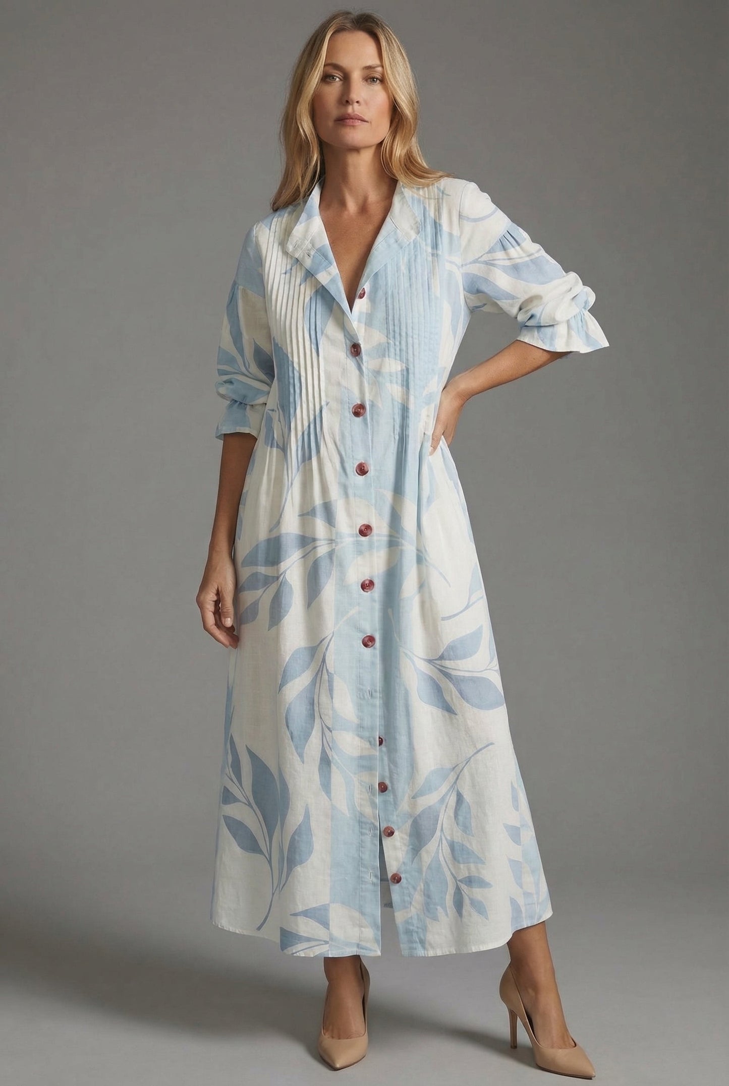 Maxikleid Damen A-Linie Knopf-Front Botanischer Print Sommer