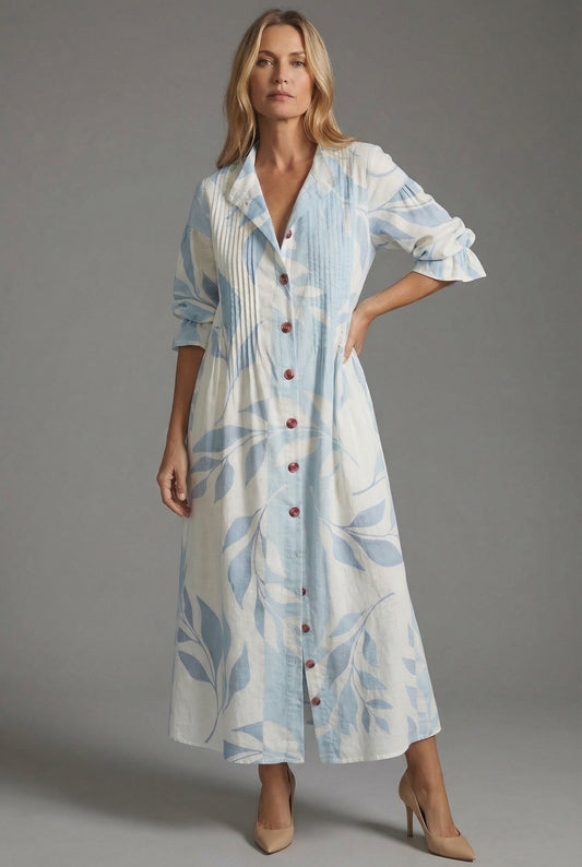 Maxikleid Damen A-Linie Knopf-Front Botanischer Print Sommer