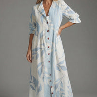 Maxikleid Damen A-Linie Knopf-Front Botanischer Print Sommer