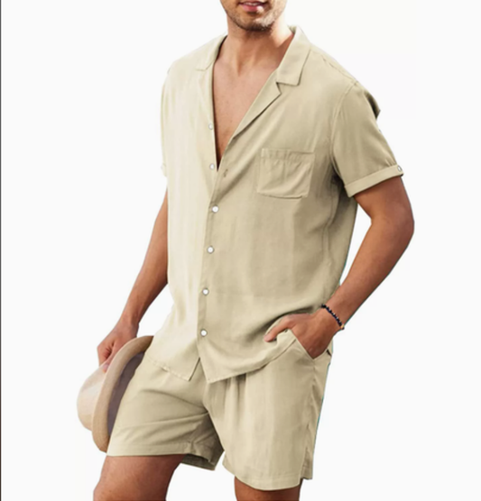 Elegant Men's Set | Short-Sleeve Shirt with Classic Collar & Shorts | Stylish Leisure Outfit for Comfortable Wear