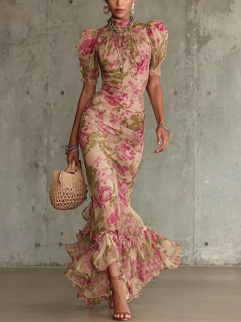 Maxikleid Damen Vintage Regular Fit Elegant mit Puffärmeln