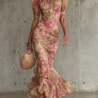 Maxikleid Damen Vintage Regular Fit Elegant mit Puffärmeln
