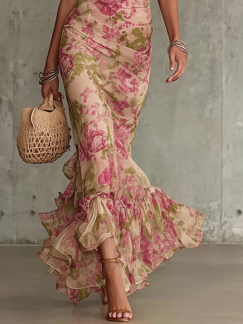 Maxikleid Damen Vintage Regular Fit Elegant mit Puffärmeln