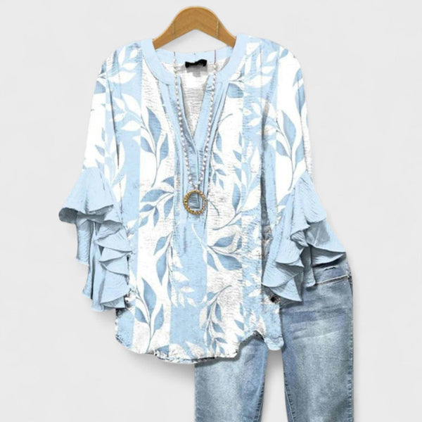 Women's Blouse Slim Fit Casual with Flounce Sleeves and V-Neck