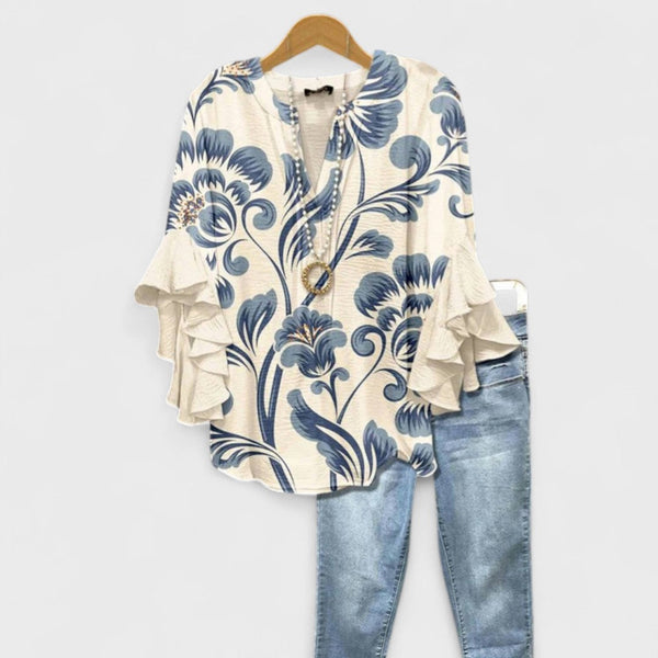 Women's Blouse Slim Fit Casual with Flounce Sleeves and V-Neck