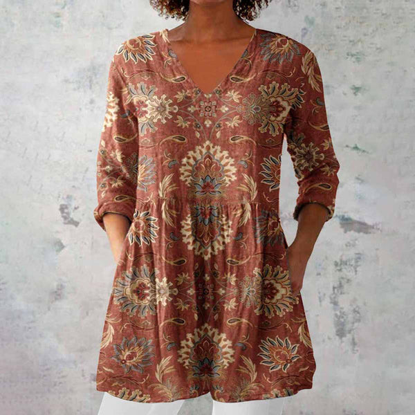 Boho Bluse Damen Vintage Print mit V-Ausschnitt für Frühling & Sommer Leichtes Material