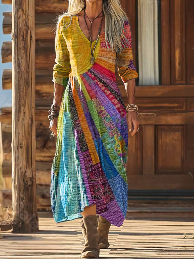 Boho-Chic | Sonnenmuster Kleid aus Baumwoll-Leinen mit V-Ausschnitt | Leicht und Atmungsaktiv für Sommerkomfort 0