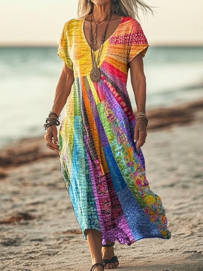 Boho-Chic | Sonnenmuster Kleid aus Baumwoll-Leinen mit V-Ausschnitt | Leicht und Atmungsaktiv für Sommerkomfort 1