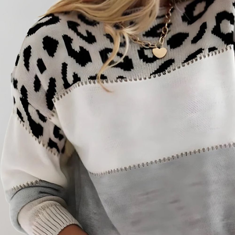 Viola | Damen Weicher Strickpullover mit Farbblock und Leopardenmuster