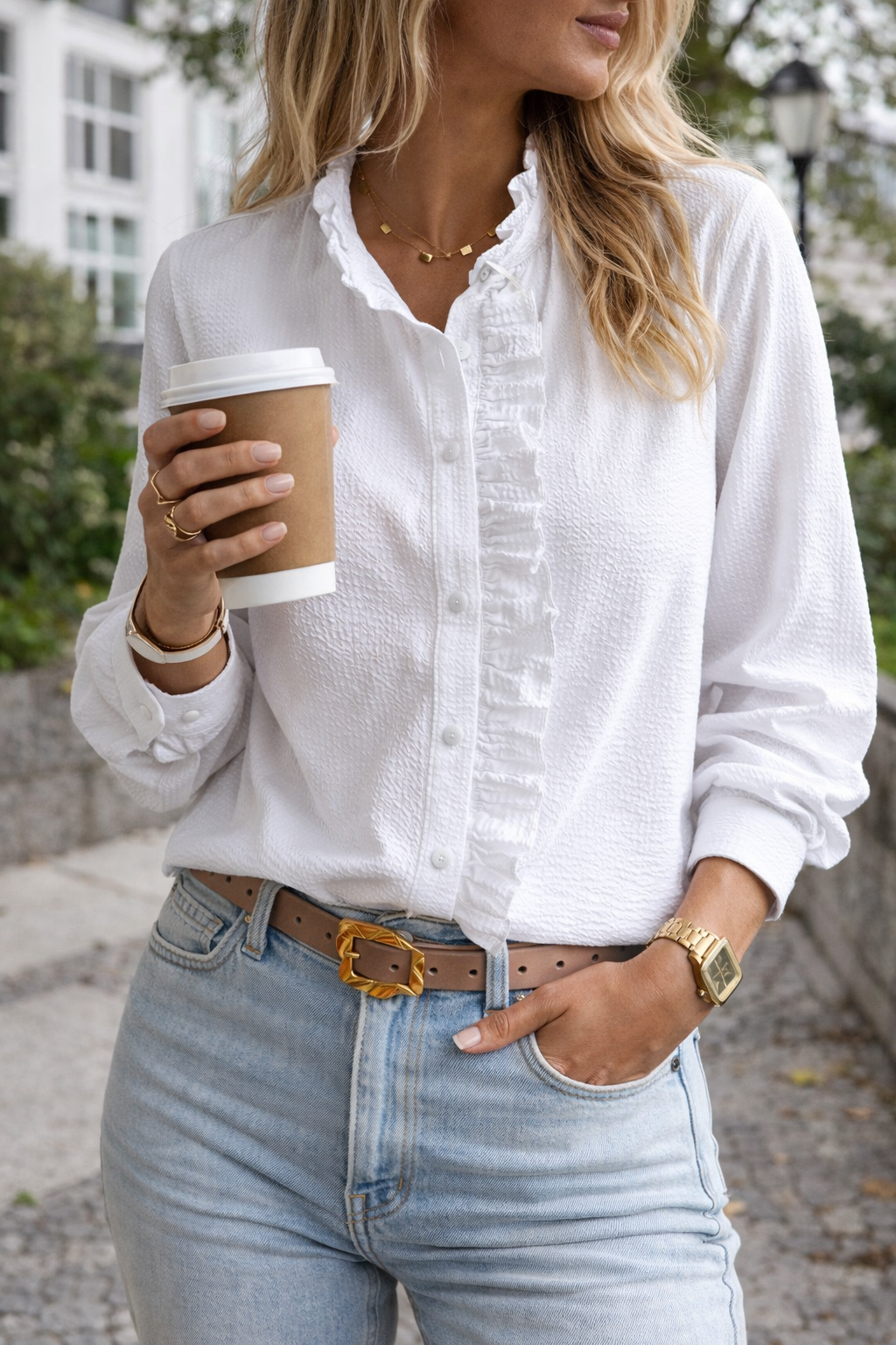 Bluse Damen Regular Fit Casual mit Rüschendetail und Knöpfen