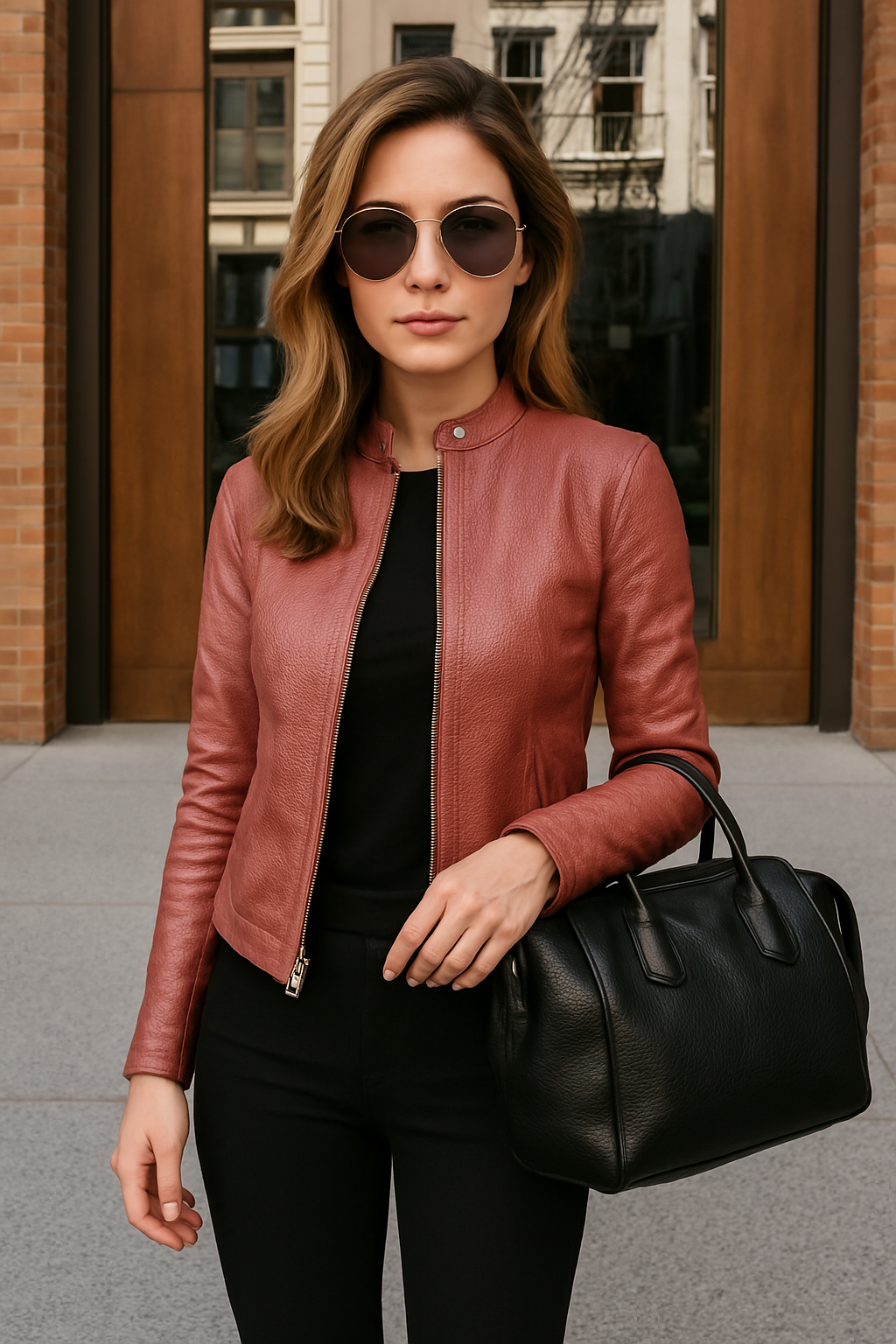 Damen Slim Fit Lederjacke mit Mao-Kragen und Reißverschluss