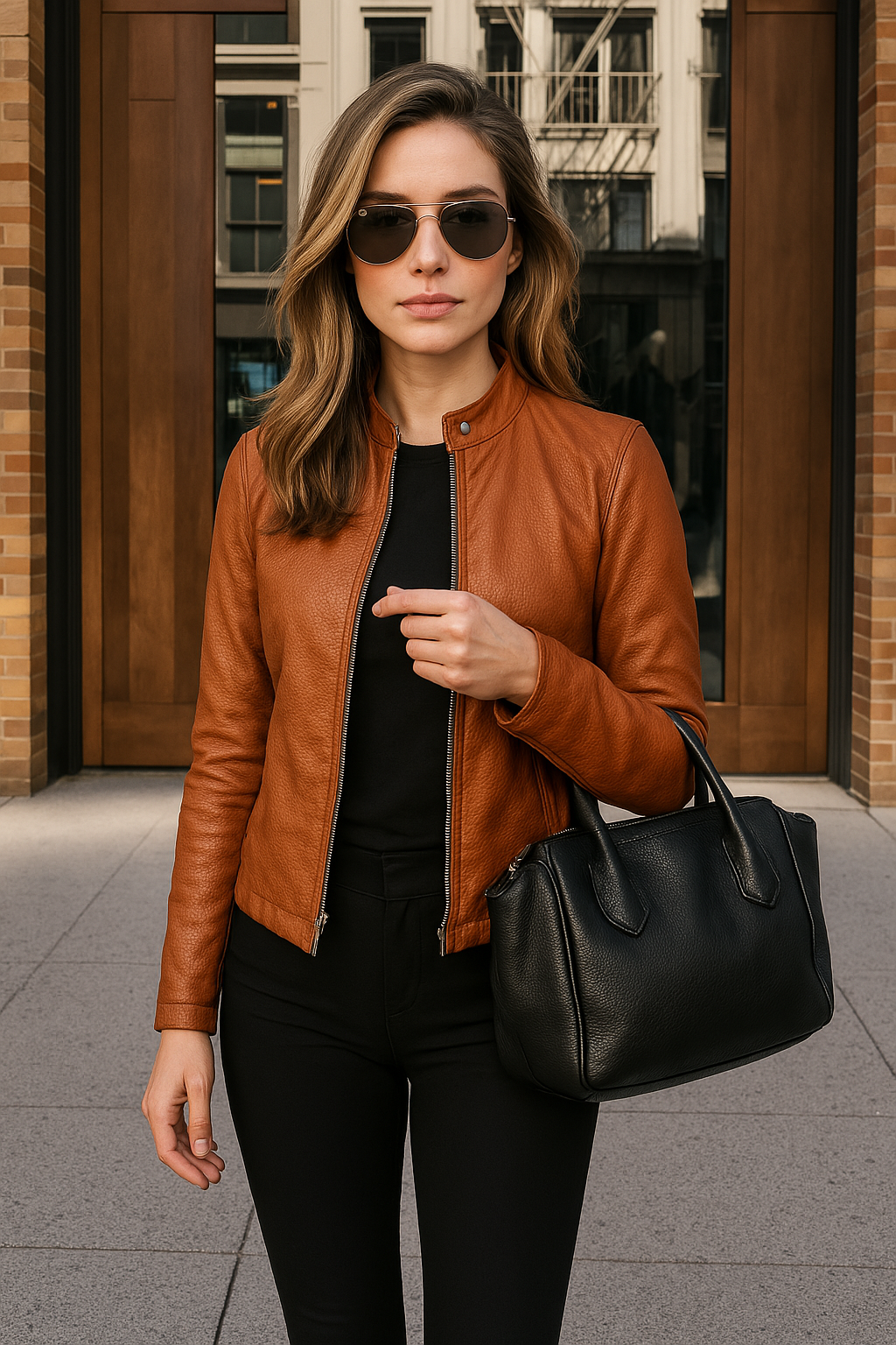 Damen Slim Fit Lederjacke mit Mao-Kragen und Reißverschluss