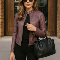 Damen Slim Fit Lederjacke mit Mao-Kragen und Reißverschluss