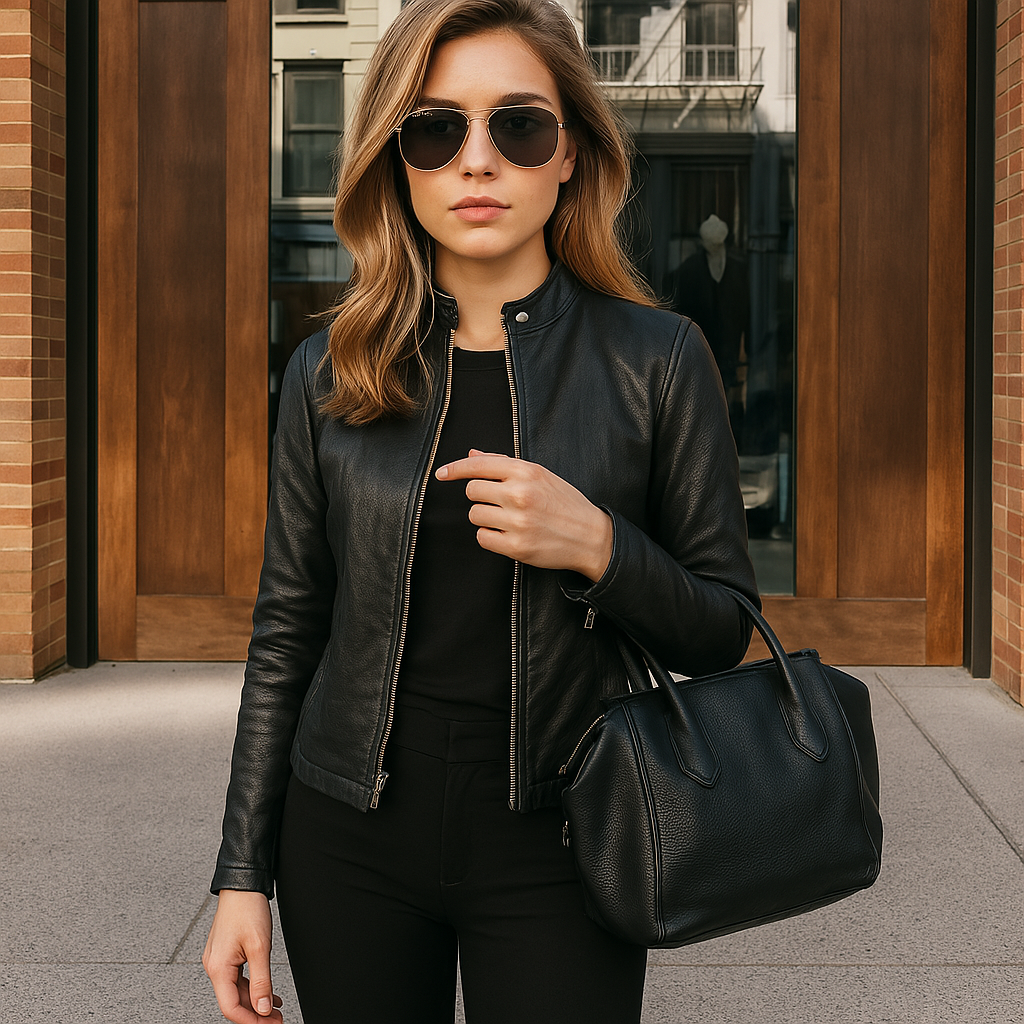 Damen Slim Fit Lederjacke mit Mao-Kragen und Reißverschluss
