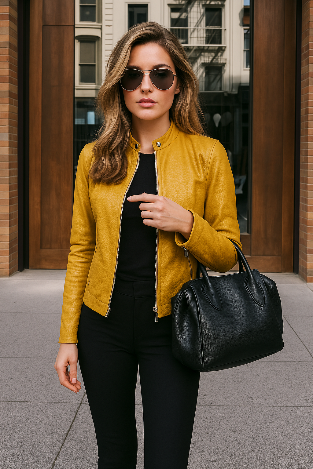 Damen Slim Fit Lederjacke mit Mao-Kragen und Reißverschluss