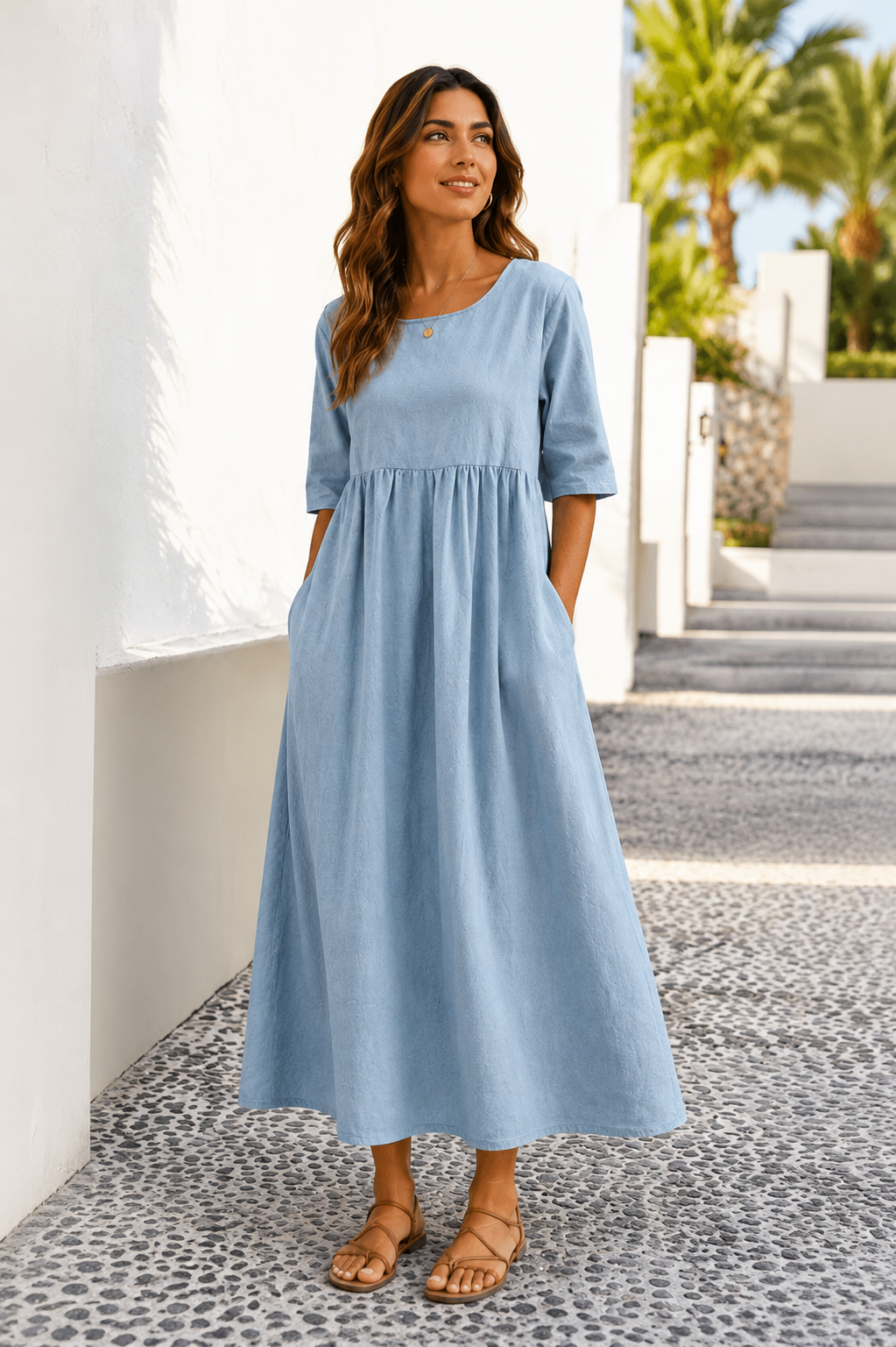 Adele | Midikleid Damen A-Linie Kurzarm Casual