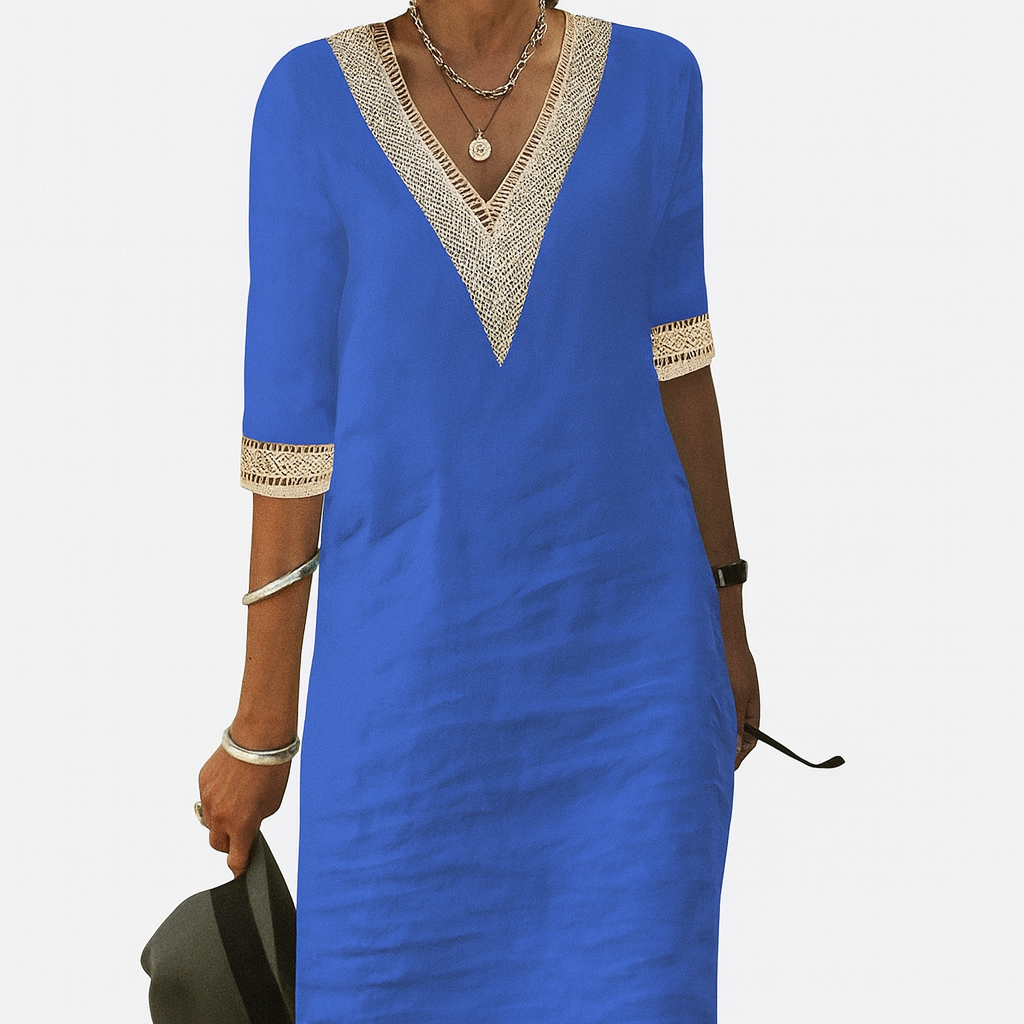 Sommerkleid Damen Relaxed Fit Freizeit V-Ausschnitt Spitze