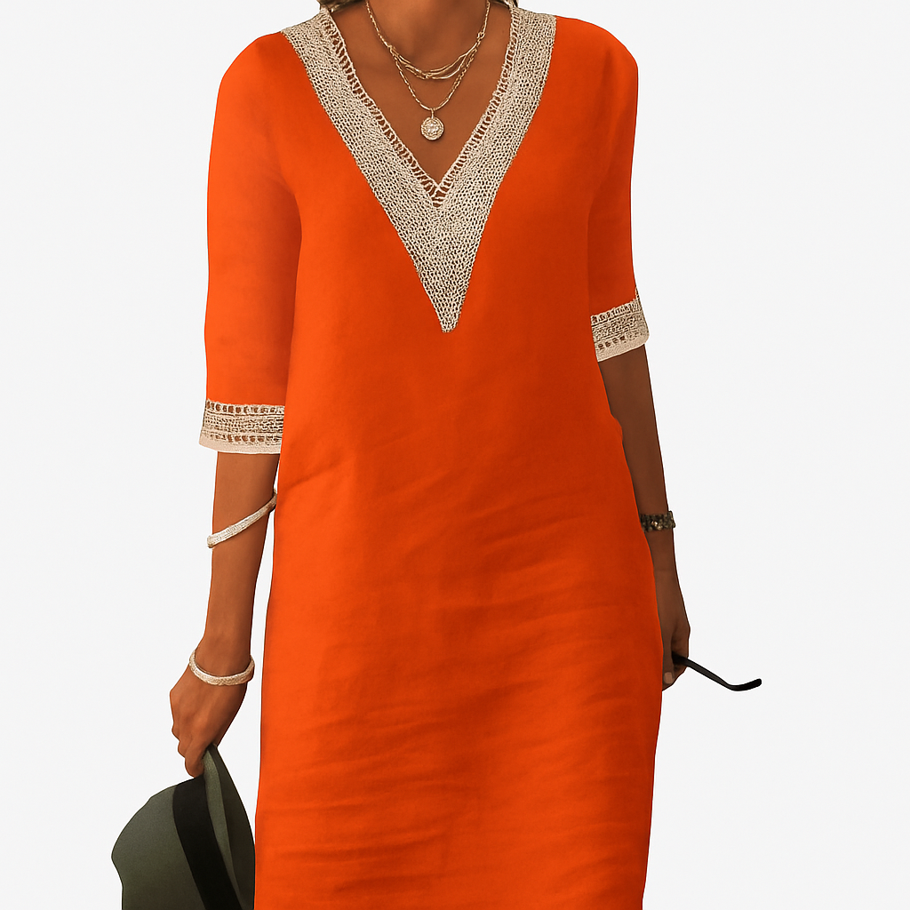 Sommerkleid Damen Relaxed Fit Freizeit V-Ausschnitt Spitze