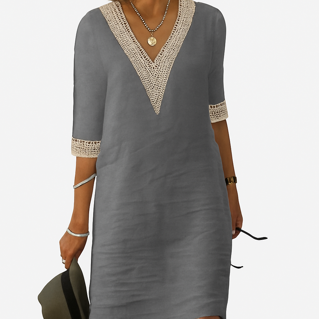 Sommerkleid Damen Relaxed Fit Freizeit V-Ausschnitt Spitze