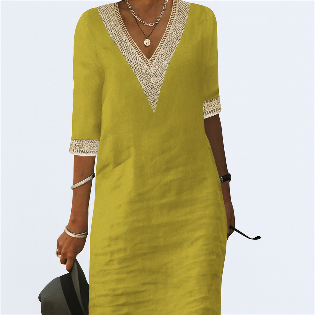 Sommerkleid Damen Relaxed Fit Freizeit V-Ausschnitt Spitze