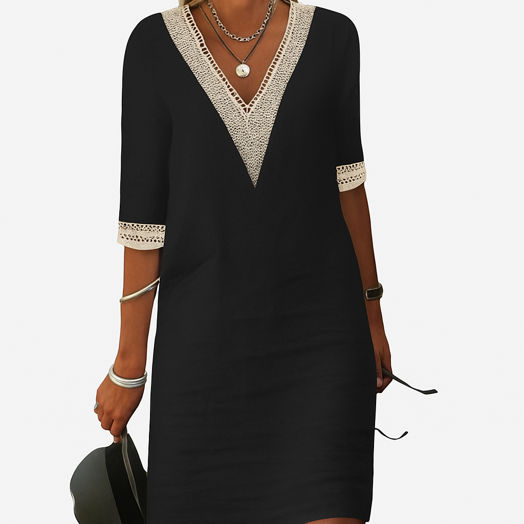 Sommerkleid Damen Relaxed Fit Freizeit V-Ausschnitt Spitze