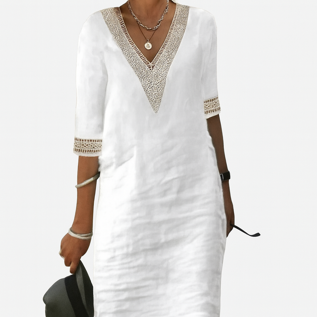 Sommerkleid Damen Relaxed Fit Freizeit V-Ausschnitt Spitze