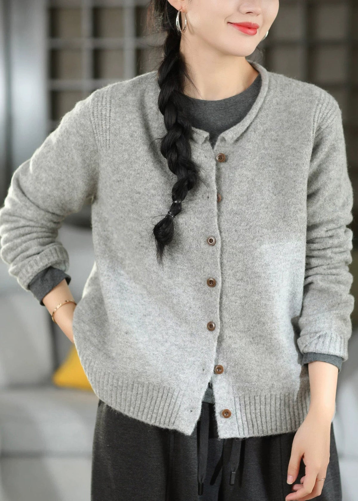 Damen Strickjacke Relaxed Fit Casual mit Rundhalsausschnitt