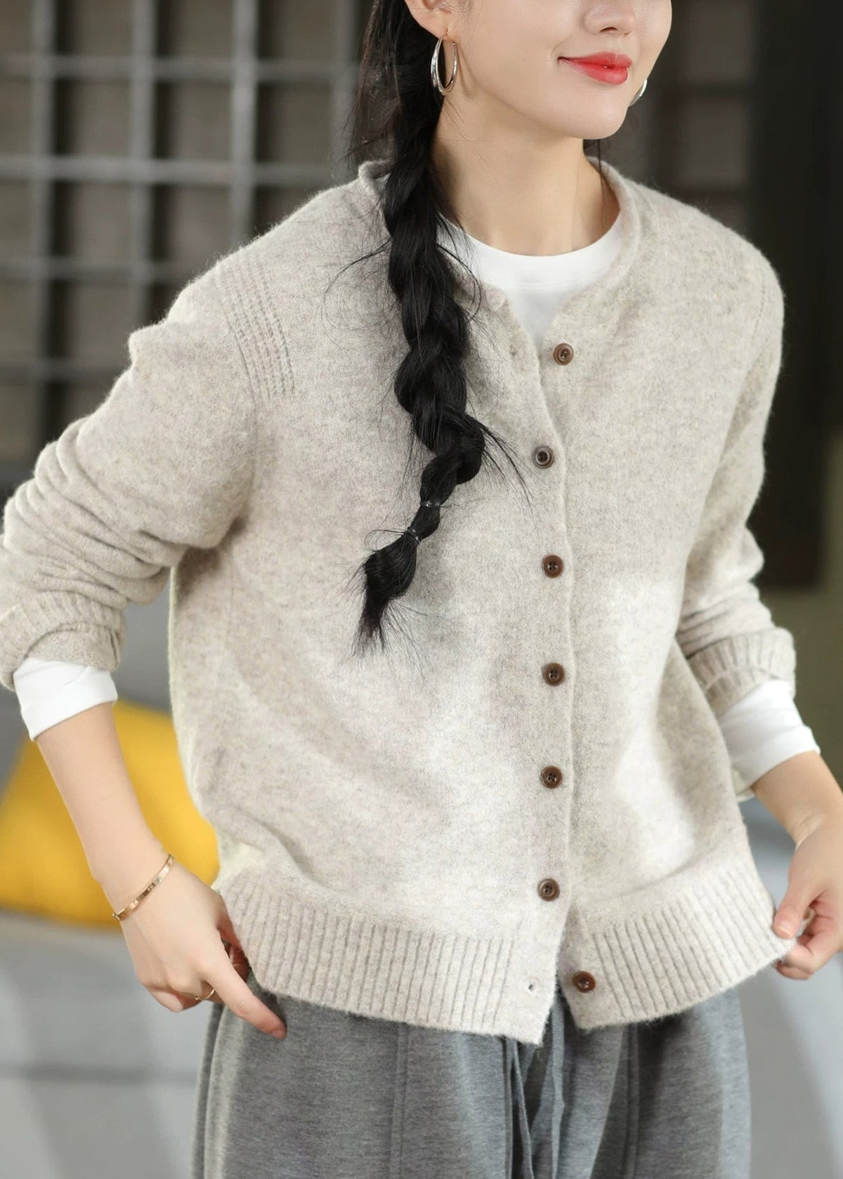 Damen Strickjacke Relaxed Fit Casual mit Rundhalsausschnitt