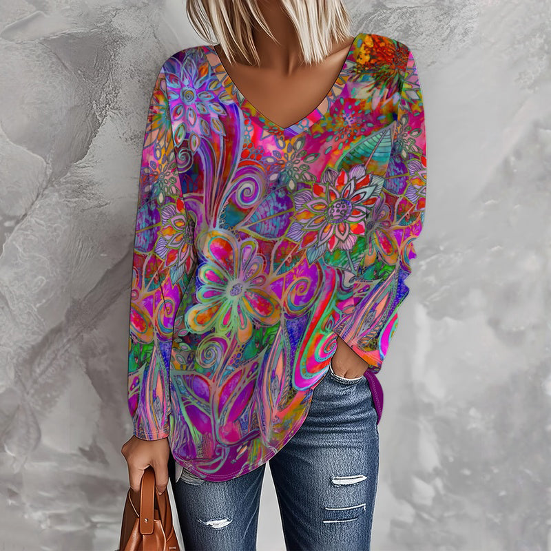 Blumentunika Damen Relaxed Fit Übergangszeit Retroprint