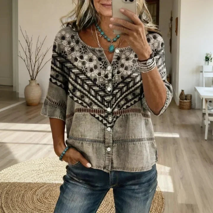 Bluse Damen Vintage Blumenmuster Dreiviertelärmel