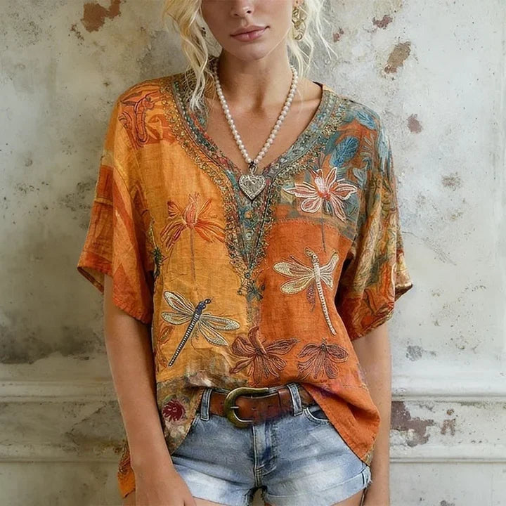Bluse Damen Vintage Locker Casual Libellenmuster