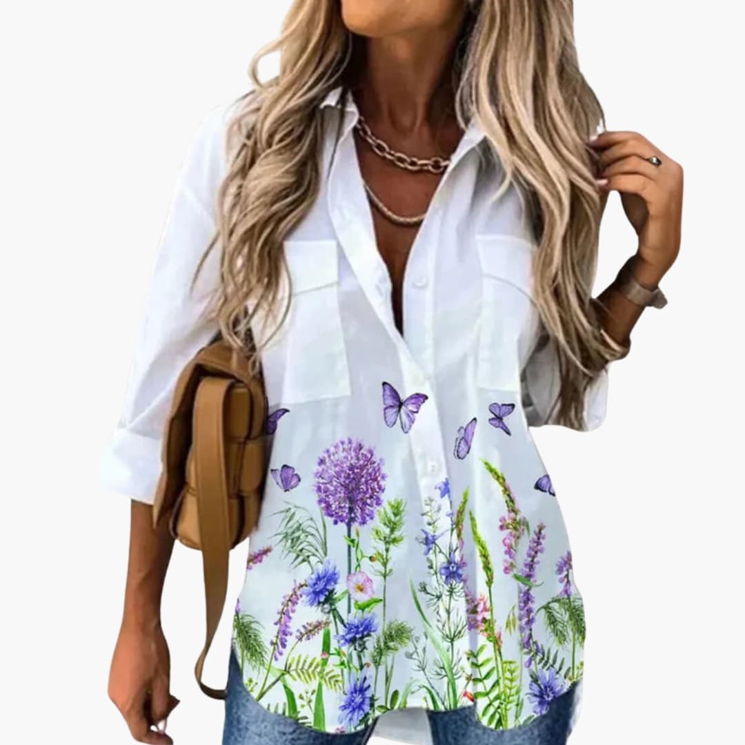 Damen Bluse mit Blumendruck Langarm Casual Elegantes Oberteil 1