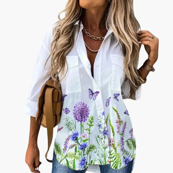 Damen Bluse mit Blumendruck Langarm Casual Elegantes Oberteil