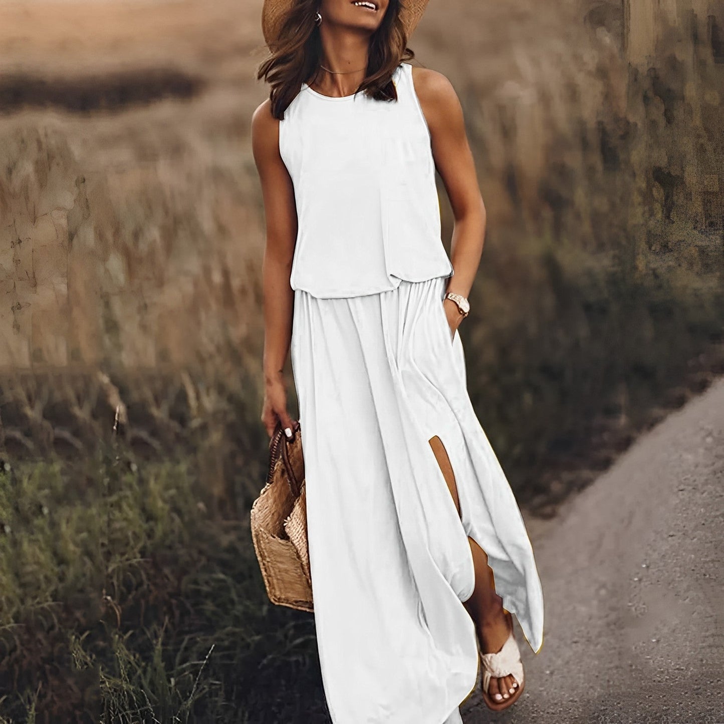 Elegante Kleider Damen | Ärmelloses Maxikleid mit Fließendem Schnitt | Stilvolles Retro-Muster für Sommerliche Anlässe 5