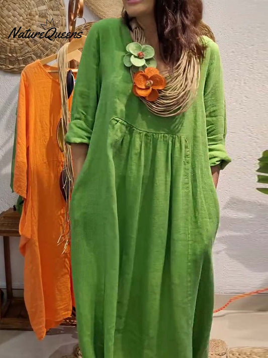 Elegante Kleider Damen | Langes Baumwoll-Leinen Kleid mit V-Ausschnitt | Bequeme Silhouette für Stil und Komfort 0