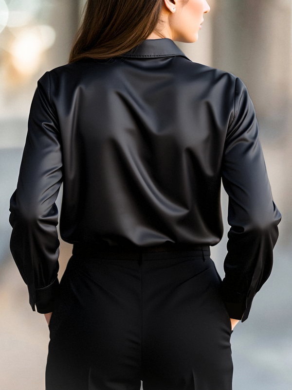 Elegante schwarze Satinbluse mit langen Ärmeln