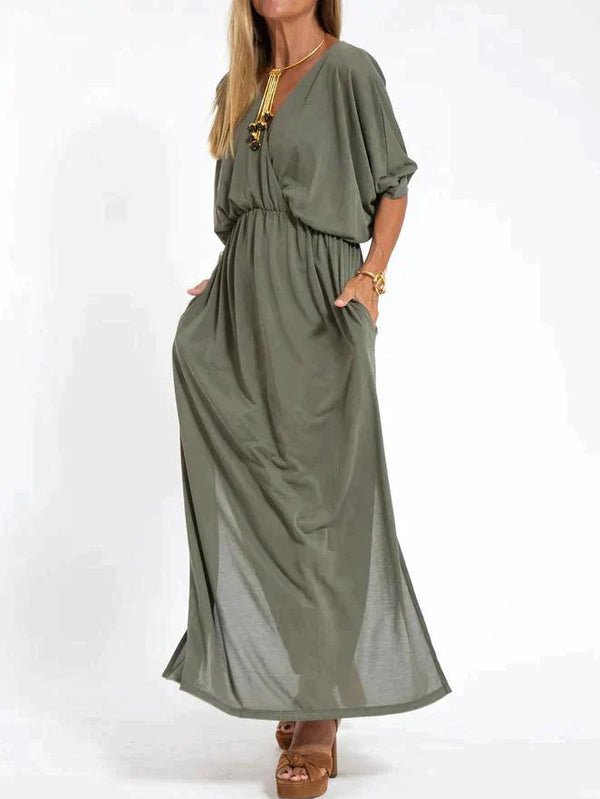 Maxikleid Damen V-Ausschnitt Elegantes Abendkleid mit Taschen für Sommer und Freizeit