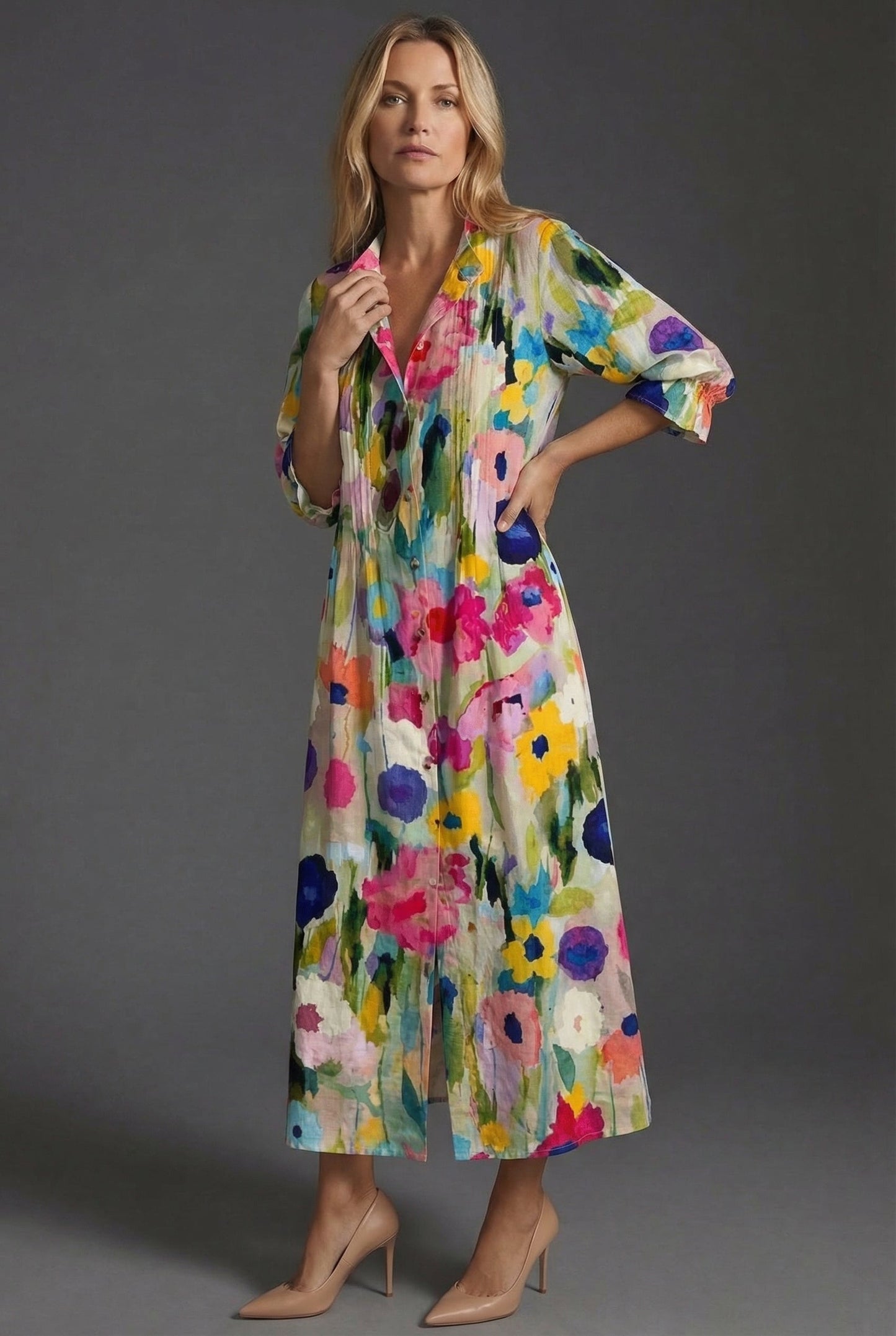 Maxikleid Damen A-Linie Knopf-Front Botanischer Print Sommer